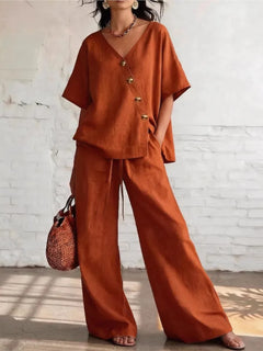 Casual Cotton Loose Pants Sets Women Summer Fashion Short Sleeve