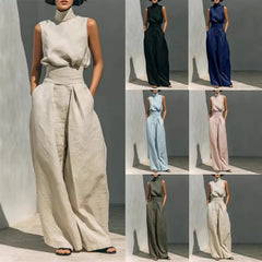 Women 2 Piece Outfit, Sleeveless High Neck Blouse & High Waist Wide