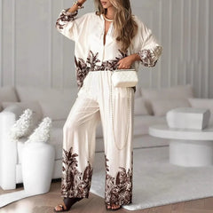 Elegant Women Loose Two Piece Set Chic Floral Print Long Sleeve Shirt Wide Leg Pants Set Bohemian Outfits Loungewear Pajamas Set