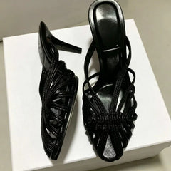 Gold Shiny Luxury Mules Heeled Sandals Women Weave Rome Heels for Ladies Banquet Dress Shoes Fashion Retro Slippers Women Slides