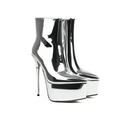 Sexy Patent Leather Shiny Gold Red Pole-dancing Stripper Super Thin High Heels Shoes Trendy Platform Ankle Stiletto Women Boots