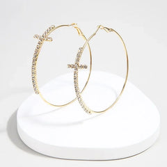 Shiny Big Circel Cross Hoop Earrings for Women Exquisite Rhinestones Ear Buckles Earrings High-end Geometric Ear Rings Jewelry