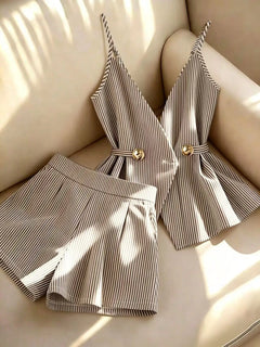 Women Striped 2 Piece Set V-neck Top Lace Up High Waist Pleated Wide Leg Shorts Summer Fashion Office Ladies Commuting Outfit