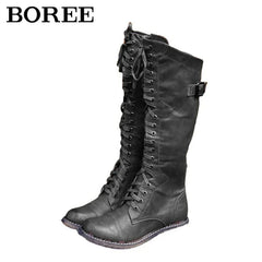 Women Knee High Boots Autumn Winter Lace Up Flat Shoes Sexy PU Leather Shoes Retro Buckle Women Shoes Fashion Black Knight Boots