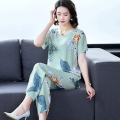 Women Summer Sets NEW Middle Aged Elderly Mother Cotton Silk Suit Casual Print Short Sleeve Top + Pants 2 Piece Set Femme Outfit