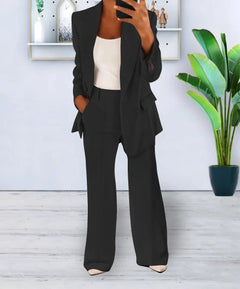 Women Suits 2 Pieces Set Fashion Lapels Single-button Coat Straight Leg Slim Pants Elegant Commuter Casuals Outfit Available 5XL