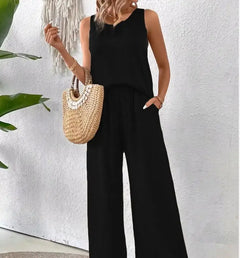 Spring Summer Fashion Solid Two Piece Sets 2024 Women Casual Loose Hollow Lace Sleeveless Top Wide Leg Pants Two Piece Set Woman