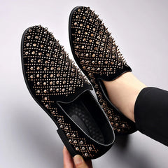 Fashion Designer New Gold Silver Punk Rock Rivet Leather Casual Shoes for Men Rhinestone Loafers Formal Wedding Dress Homecoming