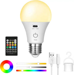 Rechargeable Light Bulb with Remote Control Dim & RGB, Timer, E27 Base,Backup Emergency Light for Home or Outdoor