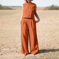 Summer Cotton And Linen Casual Outfits Female Fashion Solid Color Two-piece Set For Women Sleeveless Top Trousers Women's Suit
