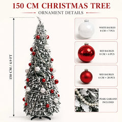 Flocked PVC Christmas Tree 1.5/1.8/2.1M Pre‑Attached Baubles, Foldable Xmas Tree with USB String Lights for Home Holiday Decor