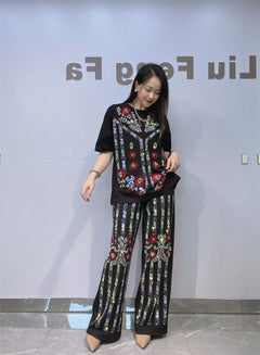 Summer Sequins Flower Short Sleeve T Shirt & Wide Leg Pant Sets Woman