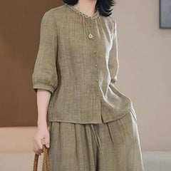 Plus Size Casual Suit Women 2 Piece Cotton Linen Sets, Button Down