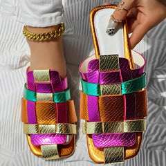Summer Colorful Fashionable Sexy Casual Soft Luxurious Square Toe Hollow Roman Flat Shoes Model Vacation Comfortable Slippers