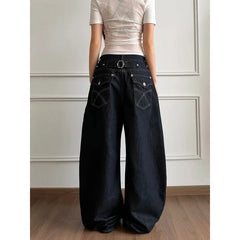 YIBASHU Women Jean Baggy Black Wide Fit Denim Pants Boyfriend Punk Grunge Y2K Japanese Harajuku 2000s High Street American Retro