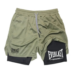 Men's compression gym shorts, EVERLAST printed sports pants, double layered, quick drying, basketball, muscle, fitness