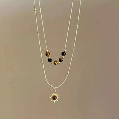 Vintage Leather Brown Stone Sun Pendant Beaded Choker Clavicle Chain Necklace For Women Unique Y2K Personalized Grunge Jewelry