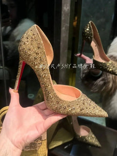 Red Sole Shoes High Heels Wedding Women Shoes Diamond Pumps  Heel 10cm Crystal Shoes Rhinestone Pointed Toe Glitter Party Heels