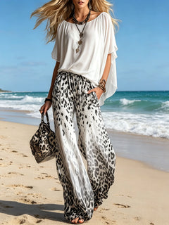 Summer Chiffon Outfits Female Matching Two Piece Set for Women White Bating Sleeve Top & Leopard Print Wide Leg Pant Streetwear