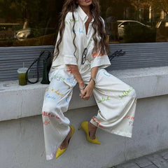 Summer Loose Soft Commute Two Piece Sets Elegant Lady High Waist Pants Set Casual Lapel Long Sleeve Printed Shirts And Pants Set