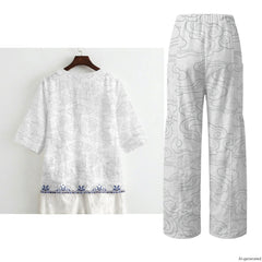 INSTANTARTS Elegant Sets Two Piece Set Linen Shirt Wide-leg Pants Set Wave Set for Woman Linen Pants and Blouse Set S-3XL