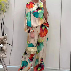 Casual Sets for Women 2 Pieces Summer Fashion Printed Satin Two Piece