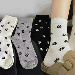 3pairs Cute Dog Claw Printed Women's Cartoon Dog Paw Sock Animal Pattern Soft Sweat Absorbing Breathable Casual Socks for Girls