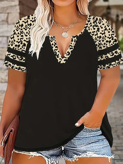 New 2025 Fashion Large Size Shirts Leopard Patchwork Print T-Shirt Casual Short Sleeve Top For Summer Women's Plus Size Clothing