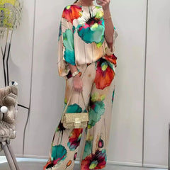 Casual Sets for Women 2 Pieces Summer Fashion Printed Satin Two Piece
