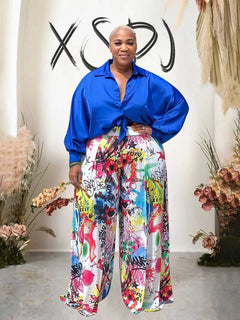 2piece Woman Outfit Streetwear Blue Silk Blouses Women Plus Size
