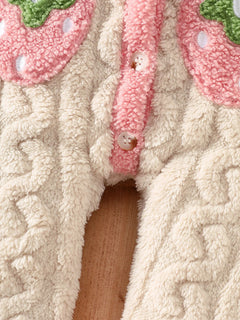 Baby Thick Double-Sided Fleece Doll Collar Romper Set Sweet 3D Strawberry Pocket Cable Knit Romper + Matching Warm Hat Soft and Warm for Winter Outings