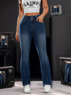 Women's High-Waisted Stretch Denim Trousers Double Button Detail Comfortable Fit Straight Leg Jeans