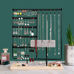 Metal Jewelry Organizer Stand with Wooden Tray - Multi-Functional Storage for Earrings, Necklaces, Bracelets & Rings