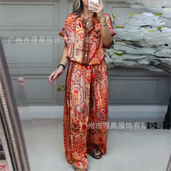 Retro Bohemian Print Set 2025 Summer Women's Two-piece Suit Short-sleeved Shirt Top + Wide-leg Pants for Summer Vacation Female