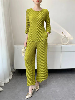 Spring New Women Handmade Pleated Pants Set Comfortable Casual Seven