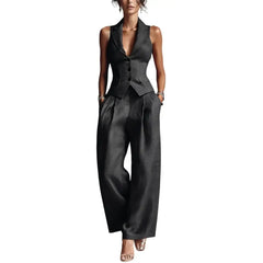 Women Outfit Women Two-piece Suit Women's Summer Two-piece Set Button-down Vest Wide Leg Pants Matching Outfit Business Workwear