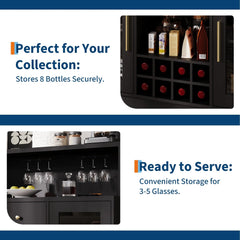 47" LED Wine Bar Cabinet With Glass Doors, 8 Bottle Rack, 15 Glass Holder, Drawers & Charging Station For Dining Room Kitchen