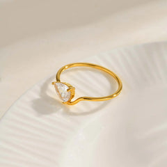 Minimalist Water Drop White Zircon Women Ring, Wave Drop Stainless Steel Ring, 18K Gold Plated Waterproof Luxury Jewelry