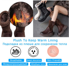 Koznoy 5cm Natural Genuine Leather Chunky Cow Spring Rubber Ankle Boots Soft Soled Winter Plush Flats Booties Autumn Women Shoes