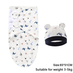 Baby Blanket Hat Set Cartoon Printed Cotton Newborn Swaddle Adjustable Infant Sleeping Swaddle Wraps All Seasons 0-6 Months