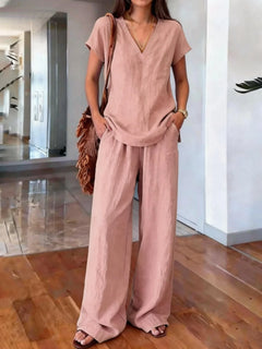 Loose Summer Trousers Set Solid Color Simple Daily Comfortable V-neck Short-sleeved Pullover Top Wide-leg Trousers Two-piece Set