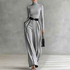 Women Long Sleeve Knit Pullover Two-Piece Set Elegant High Neck Slim Top+Wide leg Pants Spring Autumn new Outfit Suit