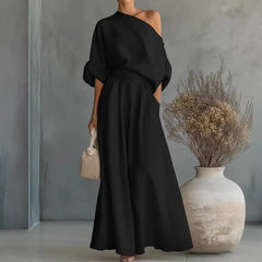 Pant Set Women Elegant Two Piece Sets Skew Collar Half Sleeve Shirt Wide Leg Long Pants Tight Waist Y2k Streetwear Work 2026