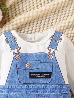Spring Autumn Baby Boys 1-6M Faux Denim Overalls Print Long Sleeve Onesie Newborn Casual Daily Romper