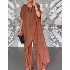 Women Summer Chiffon Pant Sets Short Sleeve Solid Irregular Splicing Long Blouse Wide-leg Pants Casual Loose Trousers Suits Robe