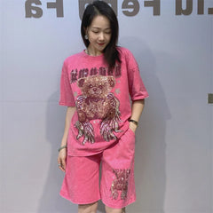 Tie-dye Cartoon Bear Oversized Short Pant Sets Woman Outfits 2026 Summer Casual O Neck Short Sleeve T Shirt 2 Piece Sets