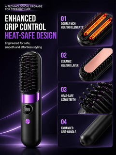Hair Straightener Brush USB Rechargeable with LCD Display Ceramic Comb for Smooth Hair Styling at Home and Travel