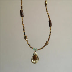 Vintage Leather Brown Stone Sun Pendant Beaded Choker Clavicle Chain Necklace For Women Unique Y2K Personalized Grunge Jewelry