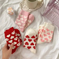 New Women Socks Cute Love With Heart Print Sock Cotton Harajuku Vintage Happy Female Dots Heart Kawaii Sox White Pink Crew Sock