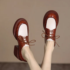 2024 New Spring Genuine Leather Women Shoes Casual Lace-up Loafers Round Toe Platform Shoes Shoes Woman Zapatos De Mujer Women